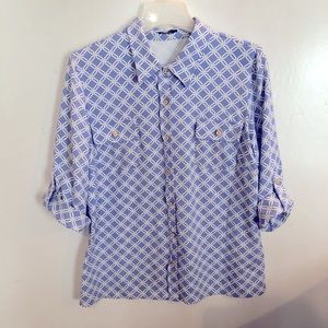 J. McLaughlin Blue White Print BLOUSE XL